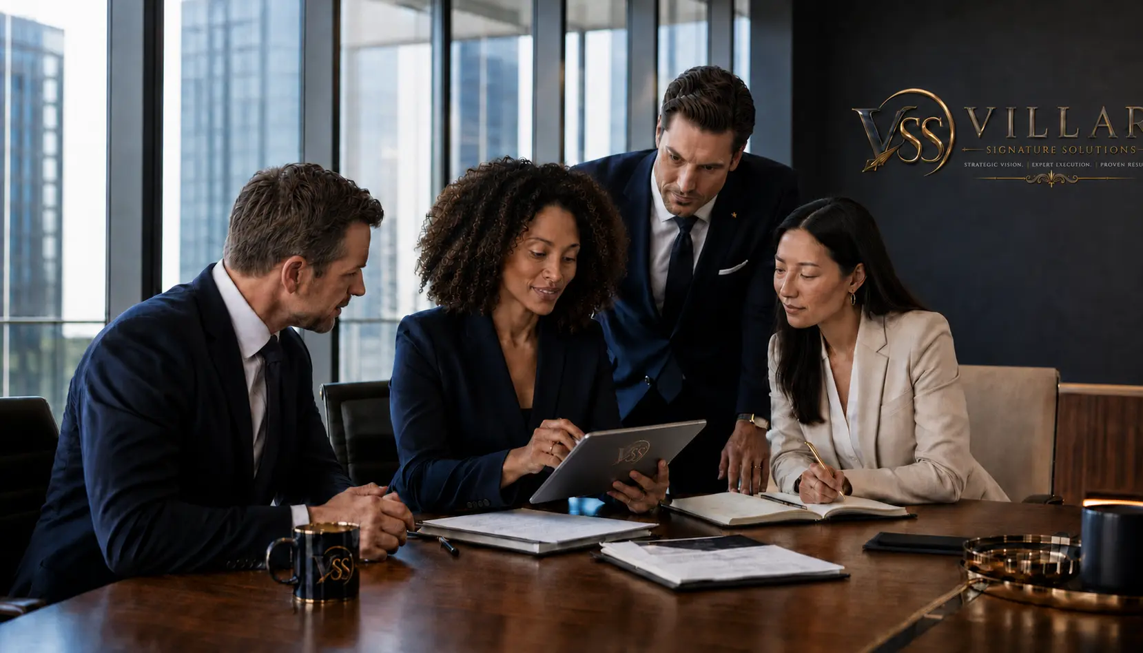 A diverse professional team collaborating on business strategy in a modern conference room