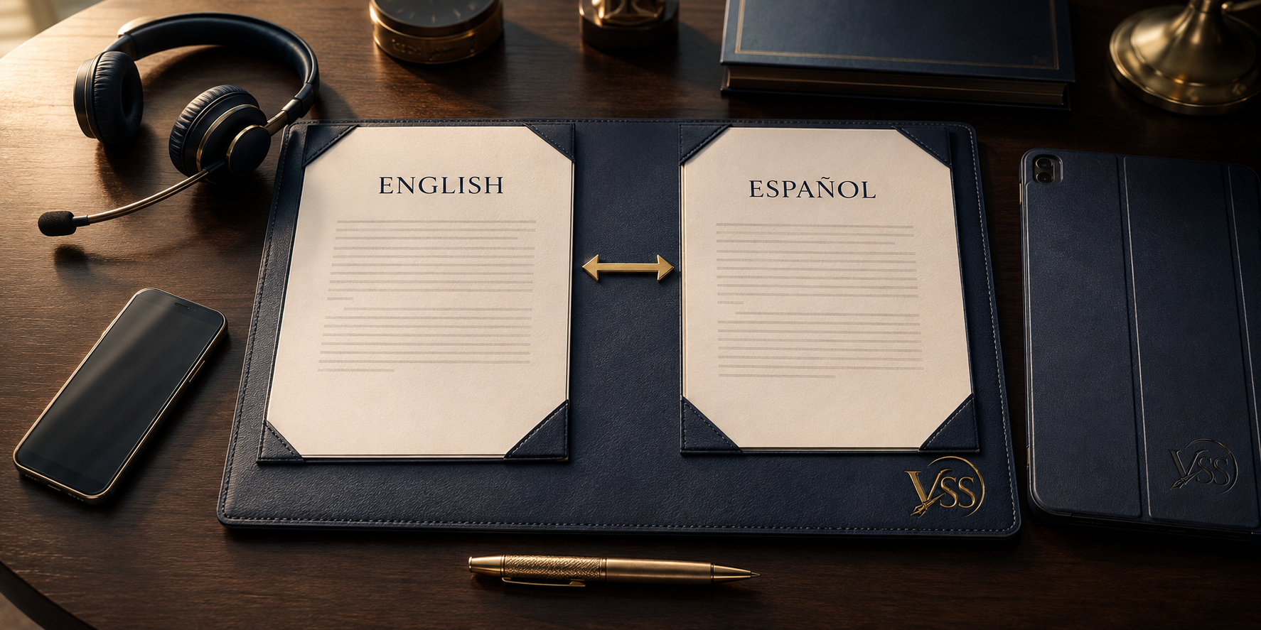 Organized English and Spanish translation workflow with VSS-branded portfolio, headset, documents, and tablet