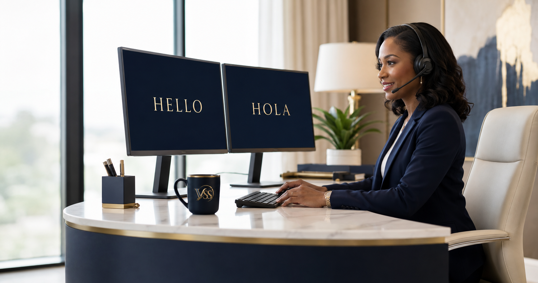 Bilingual VSS business specialist providing English and Spanish customer support at an executive workstation