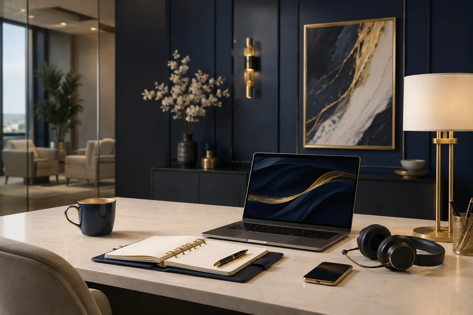 Elegant navy and gold consultation workspace with a laptop, headset, phone, planner, and coffee cup