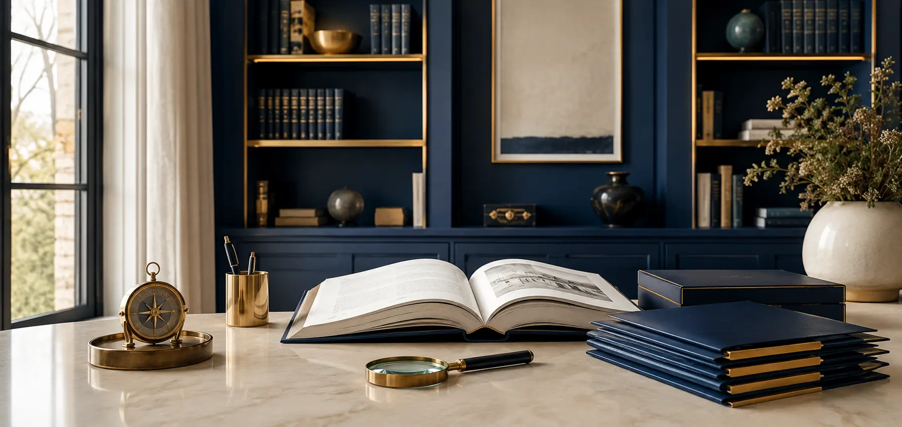 Elegant navy and gold executive library with an open reference book, organized folders, compass, and magnifying glass