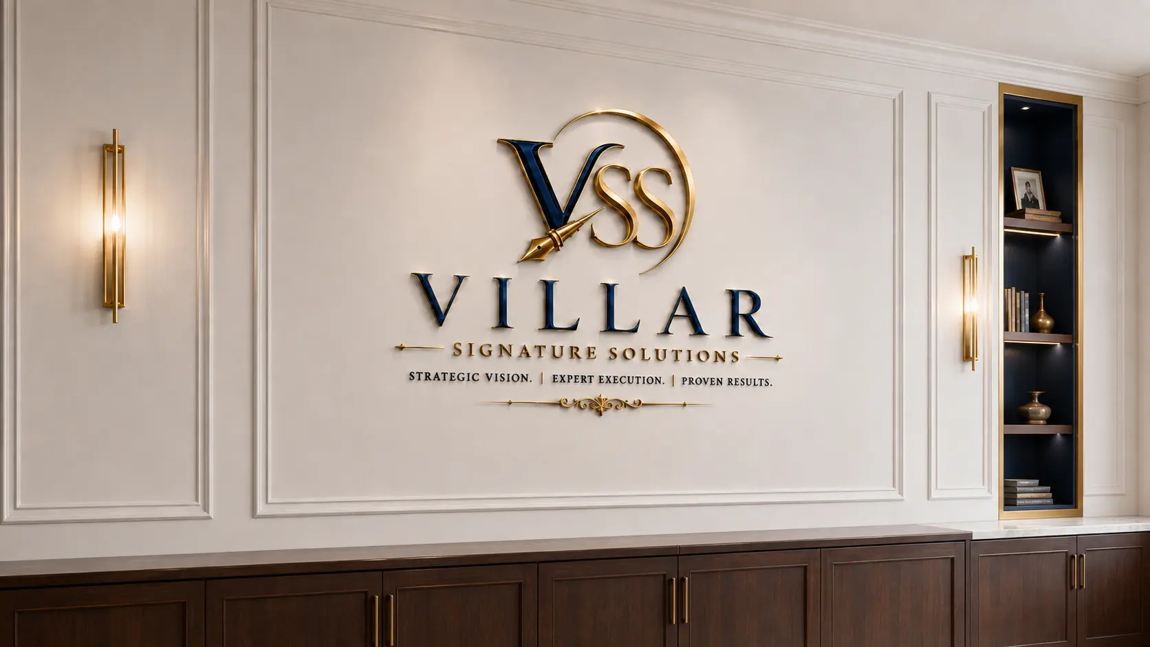 Elegant white paneled feature wall with the navy and gold Villar Signature Solutions logo