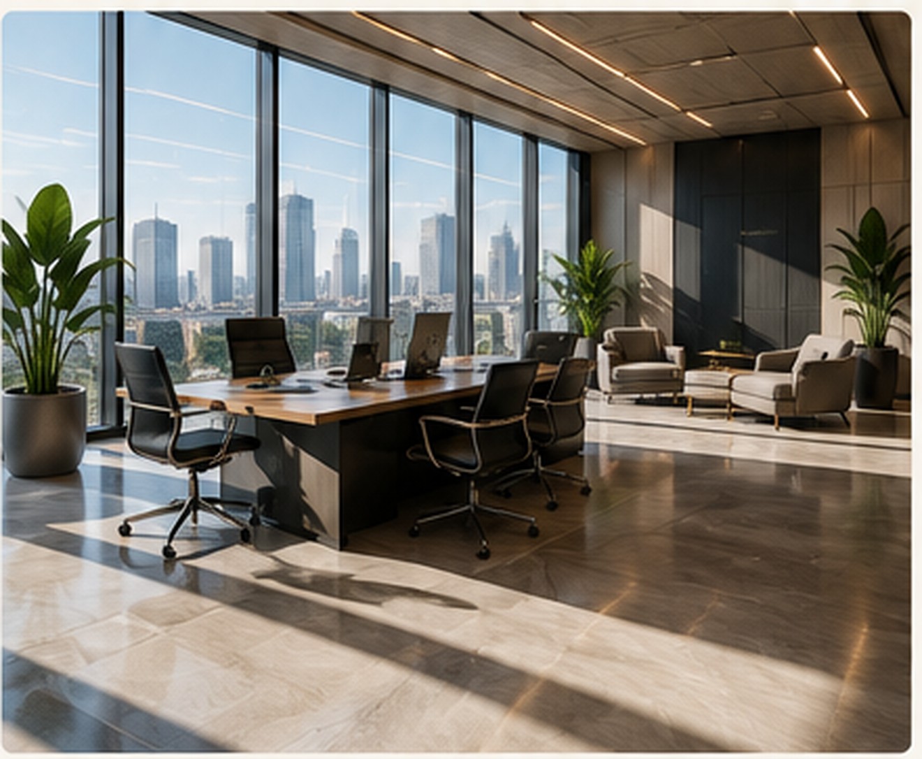 Pristine modern executive conference room with floor-to-ceiling windows