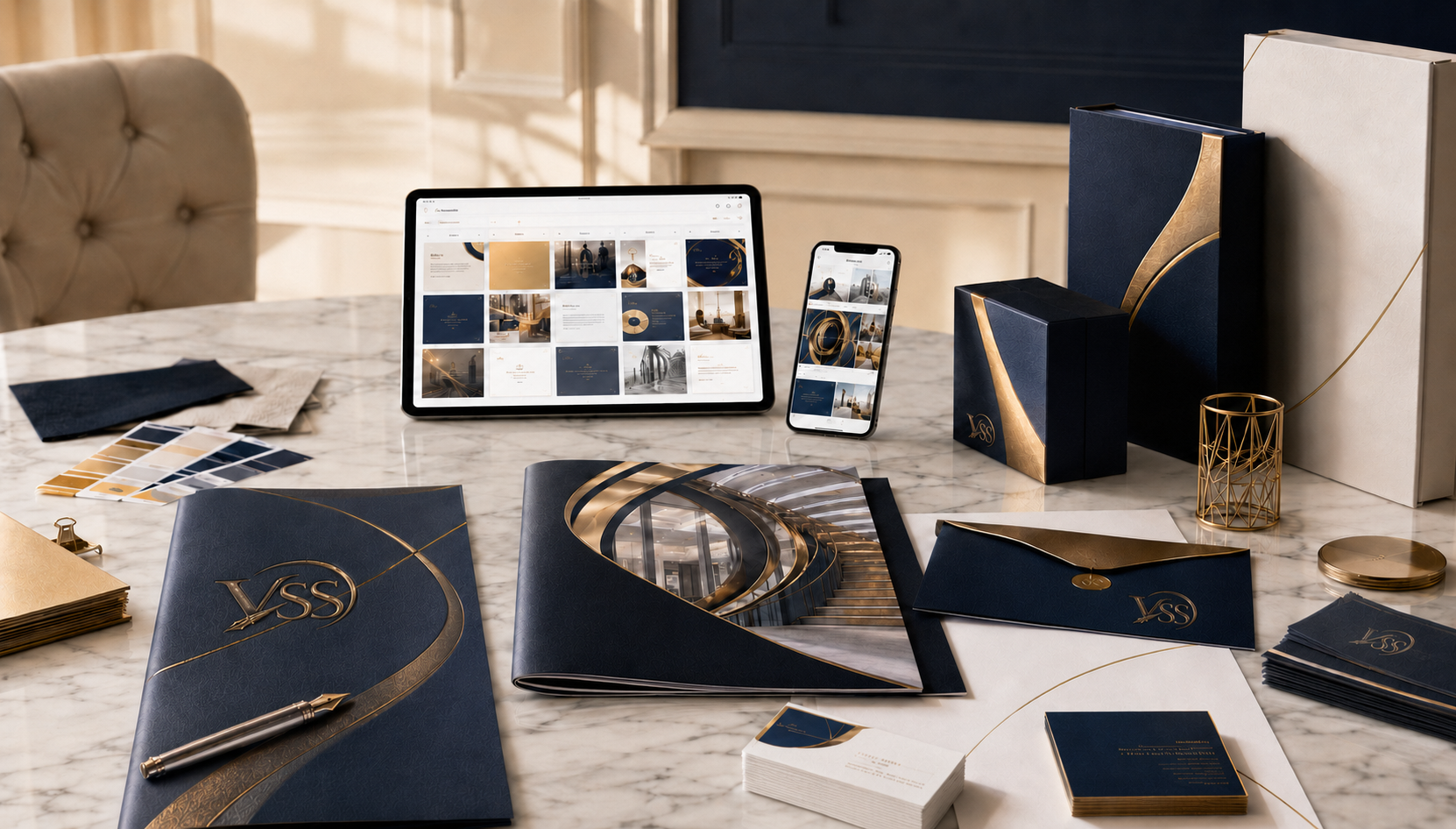Coordinated navy and gold campaign materials including brochures, stationery, packaging, tablet, and mobile content