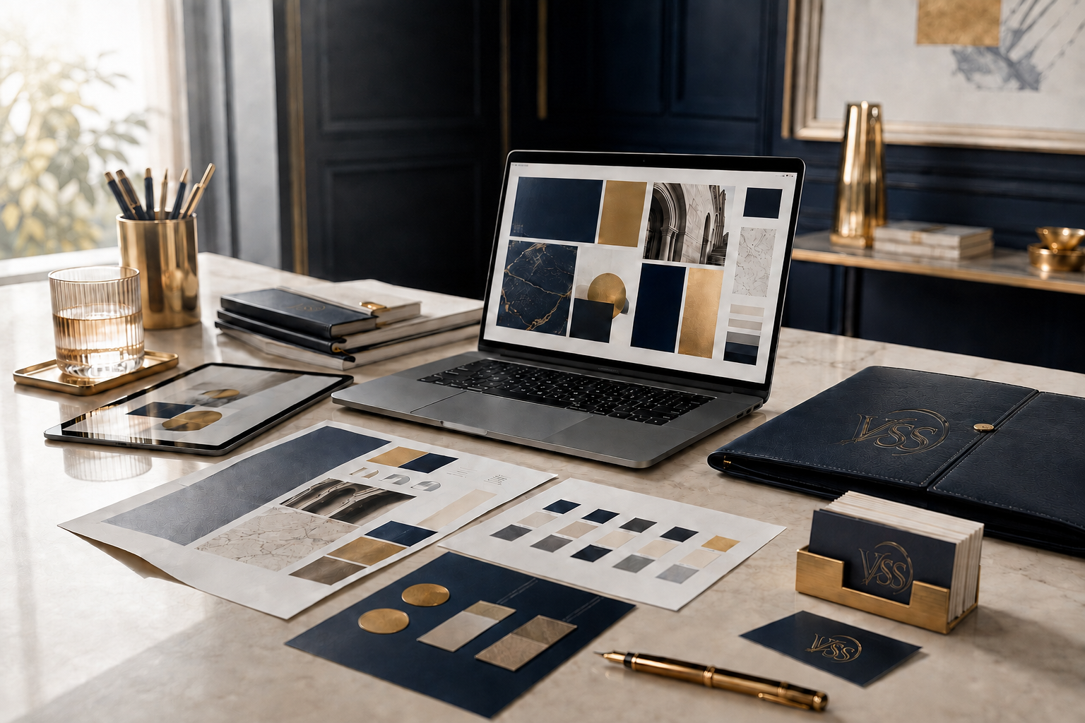 Premium navy and gold brand strategy workspace with marketing materials, laptop, tablet, and color palette