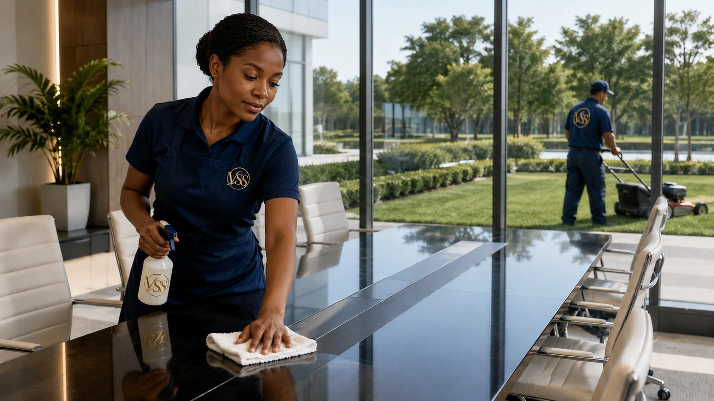 VSS professional cleaning a conference room while a lawn-care specialist maintains the office grounds outside