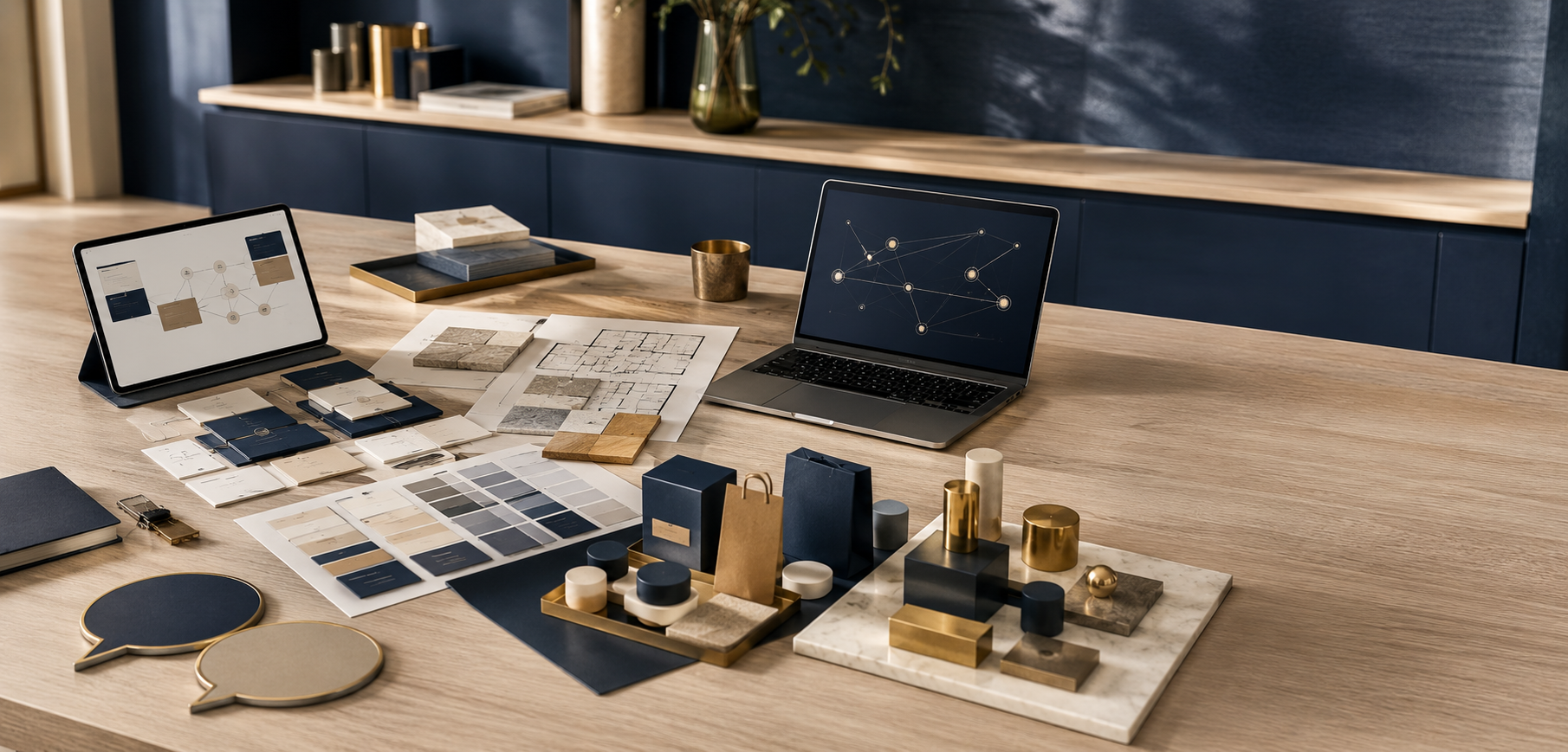 Organized business systems, planning materials, and technology arranged on a professional workspace