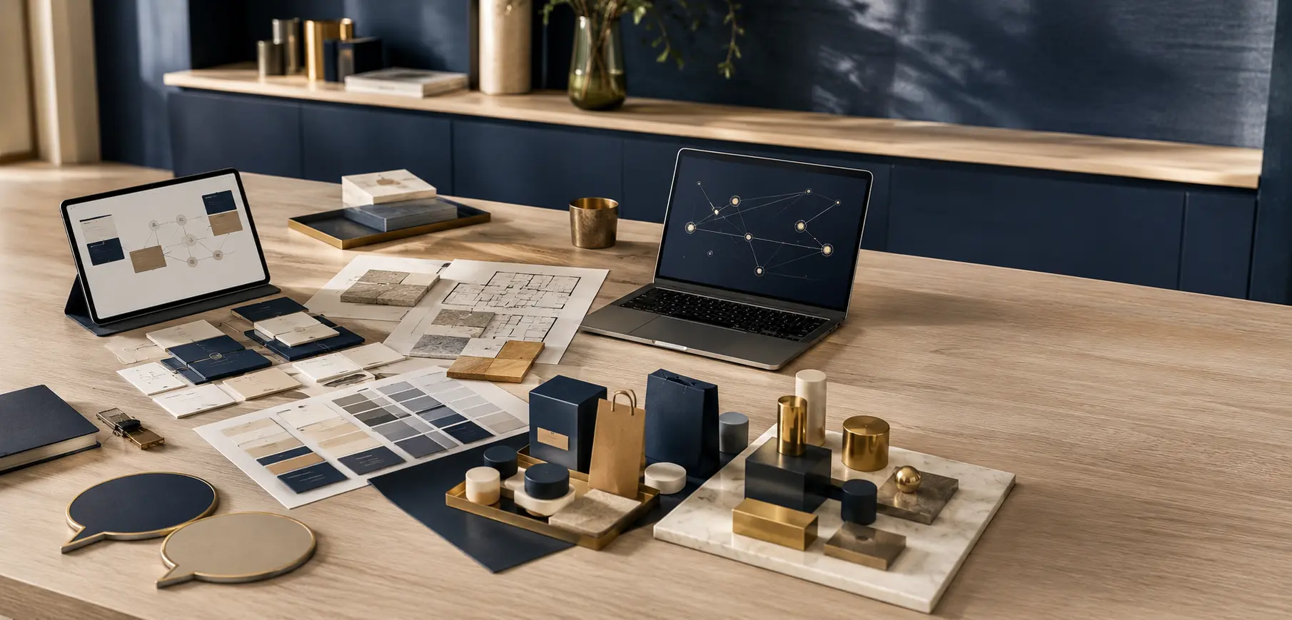 A coordinated business planning workspace with property plans, marketing materials, and connected digital tools