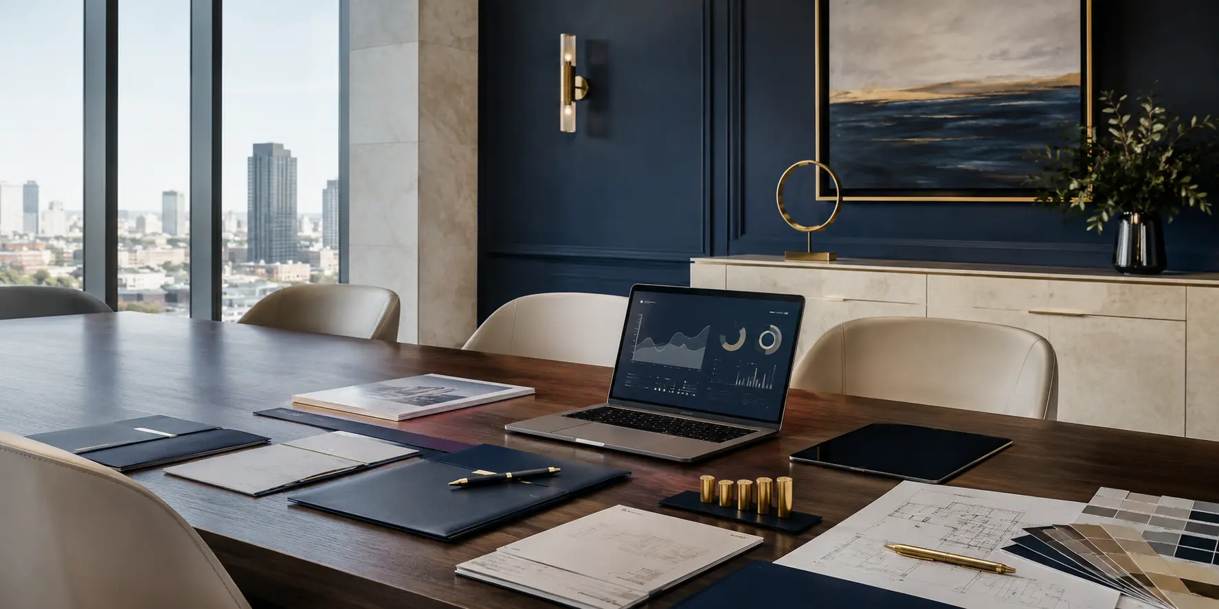 An elegant navy and gold executive workspace prepared for coordinated business planning